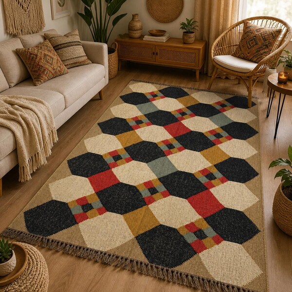 Handwoven Geometric Jute Wool  Rug – Boho Diamond Pattern Area Rug, Rustic Farmhouse Flatweave Carpet for Living Room Handwoven Kilim Rug