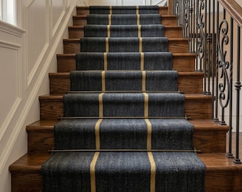 Navy Blue Stair Runner with Yellow Stripes, Modern Farmhouse Hallway Rug, Custom Size Staircase Carpet, Entryway Runner Rug, Flatweave