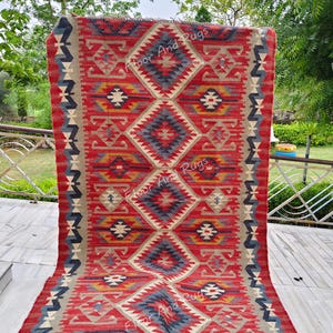 Red Peruvian Rug - Handmade Vintage Kilim Motif Runner - Indian Moroccan Fusion Dhurrie - Red Southwestern Native Navajo Jaipur Runner Rug