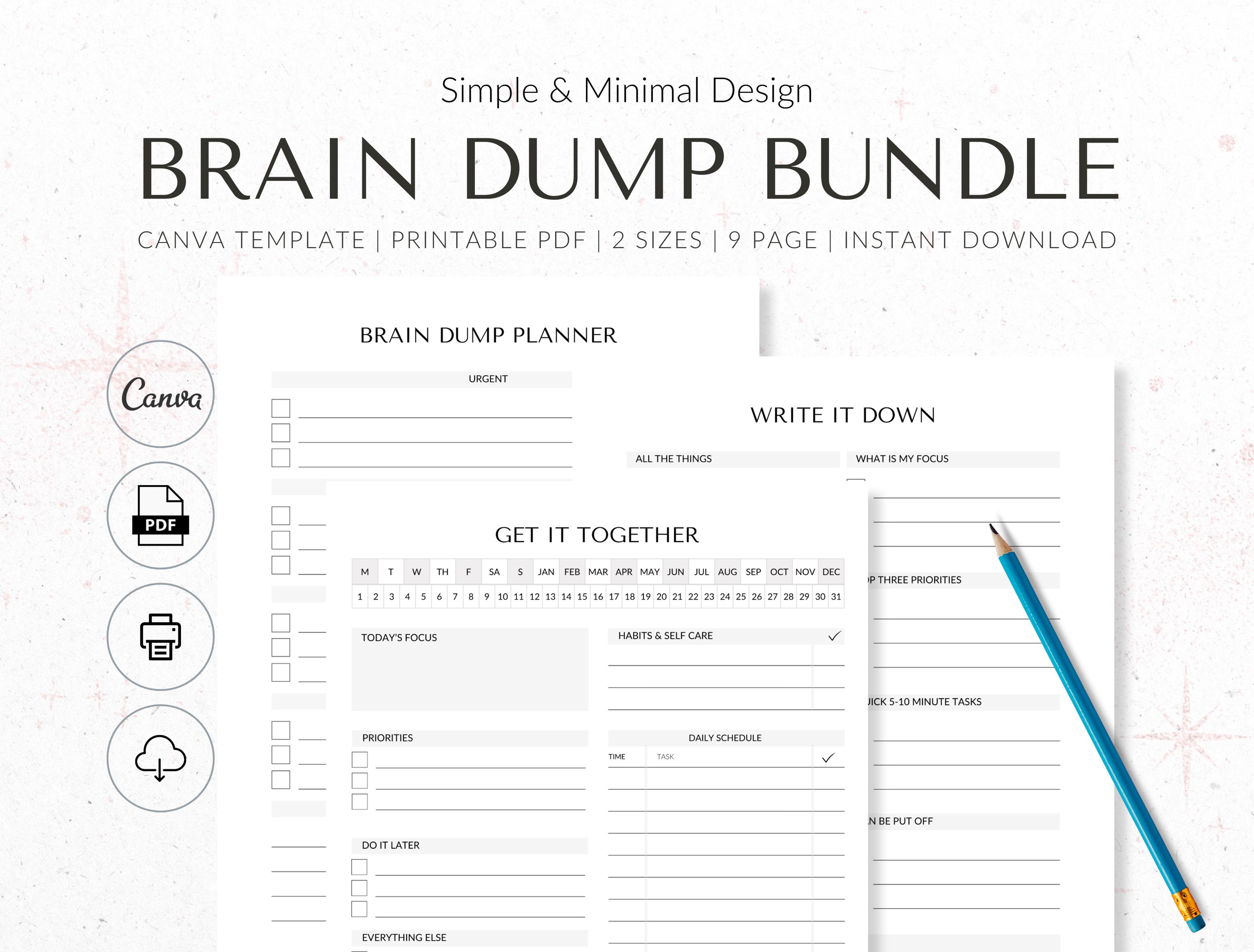 Printable Brain Dump Bundle, Editable Brain Dump Template, Minimalist ...