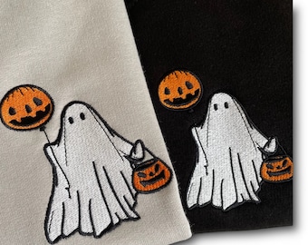 Embroidered Ghost Sweatshirt: Halloween Pumpkin Jumper