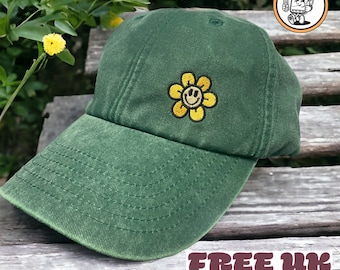 Embroidered Denim Baseball Cap: Vintage Sunflower Daisy Design