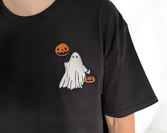 Embroidered Ghost Halloween T-Shirt: Trick or Treat Autumn Tee