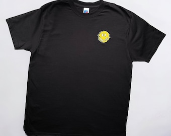 90s Style Embroidered Smiley Face T-Shirt - Glitch Effect