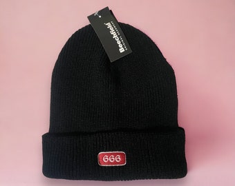 666 Embroidered Beanie: Black Knit Hat, Angel Numbers