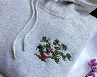 Embroidered Bonsai Tree Hoodie: Japanese Inspired Grey Sweatshirt