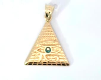 14K YELLOW GOLD 0.95&quot; Egyptian Triangle Pyramid Eye Charm Pendant.