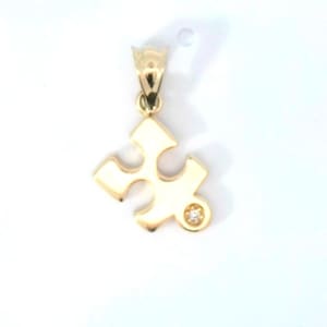 14K YELLOW GOLD 0.7&quot; Small Puzzle Piece CZ Charm Pendant.