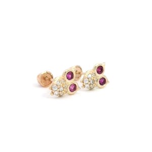 14K Solid Gelb Gold Eule rot und weiß CZ Ohrring.