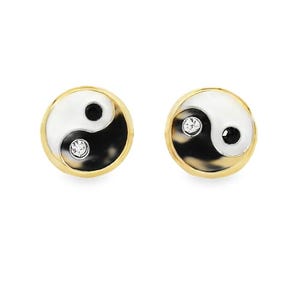 14K Solid Gelbgold Yin Yang Schwarz und Weiß Emaille CZ Schraube zurück Ohrstecker.