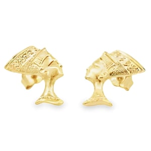 14K Solid Yellow Gold 0.5&quot; Egyptian Queen Nefertiti Stud Earrings.