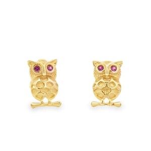 14K Solid Gelb Gold Eule rote Augen erstellt Ruby Push Back Ohrstecker.