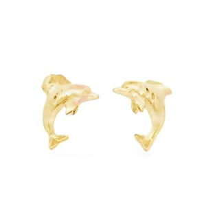 14K Solid Yellow Gold Dolphin Stud Earrings.