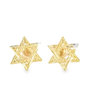 14K Solid Yellow Gold 11MM Shine Cut Star Of David Stud Earrings.