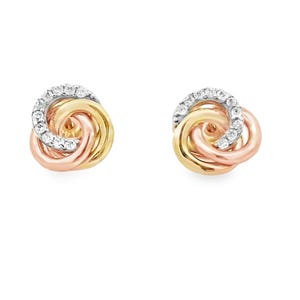14K Solid Yellow Gold 8.5MM Fancy Multi Color Love Knot CZ Stud Earrings.