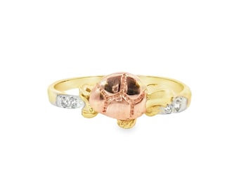 14K Solid Yellow Gold Multi Tone Turtle CZ Band Ring.