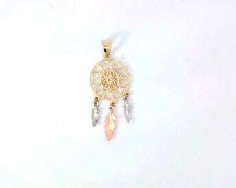14K YELLOW GOLD Tri Color 1.2&quot; Dreamcatcher Charm Pendant.