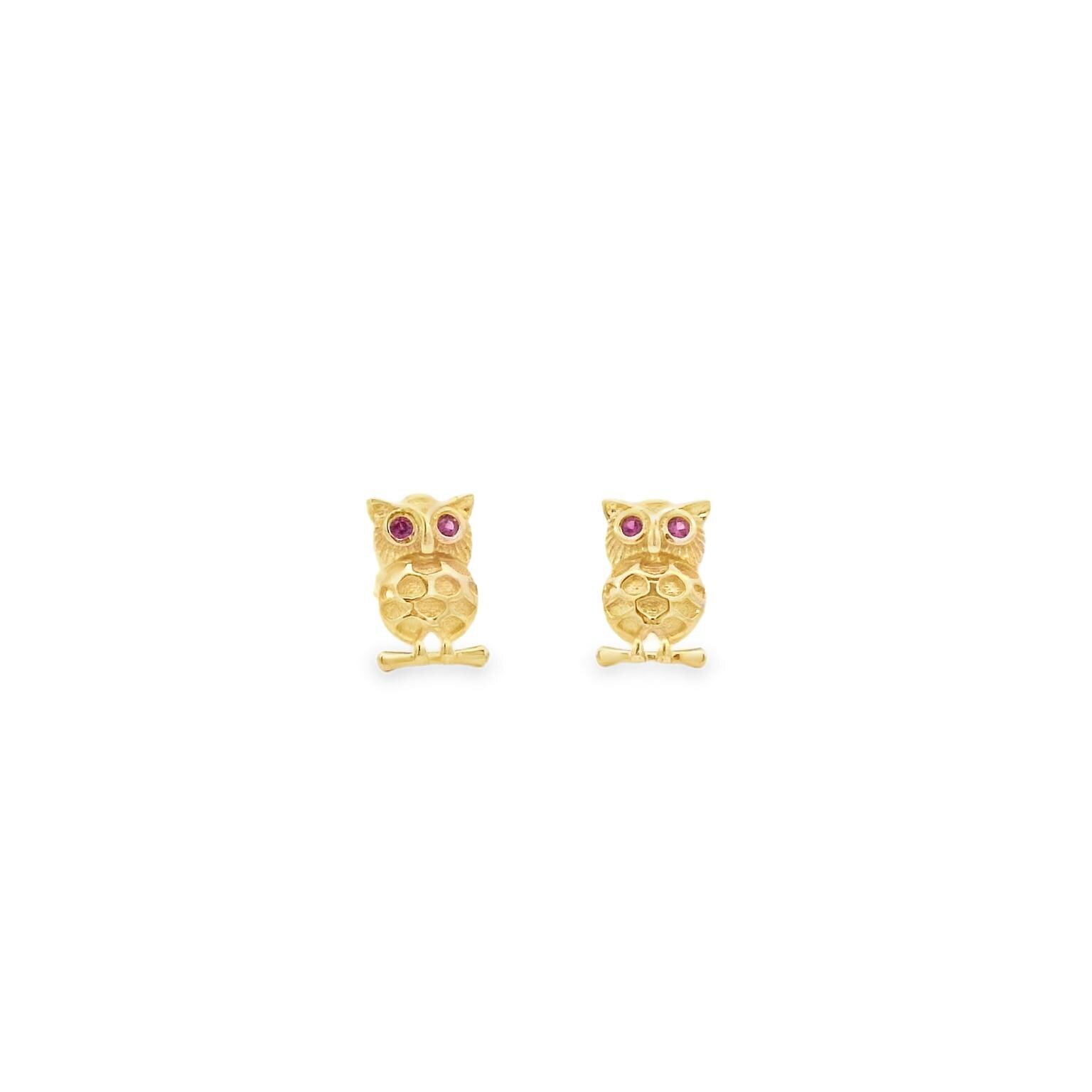 14K Solid Yellow Gold Owl Red Eyes Created Ruby Push Back Stud Earrings.