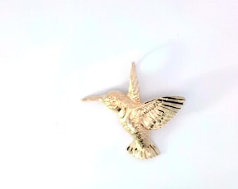 14K YELLOW GOLD 1&quot; Super Shine Cut Hummingbird Charm Pendant.