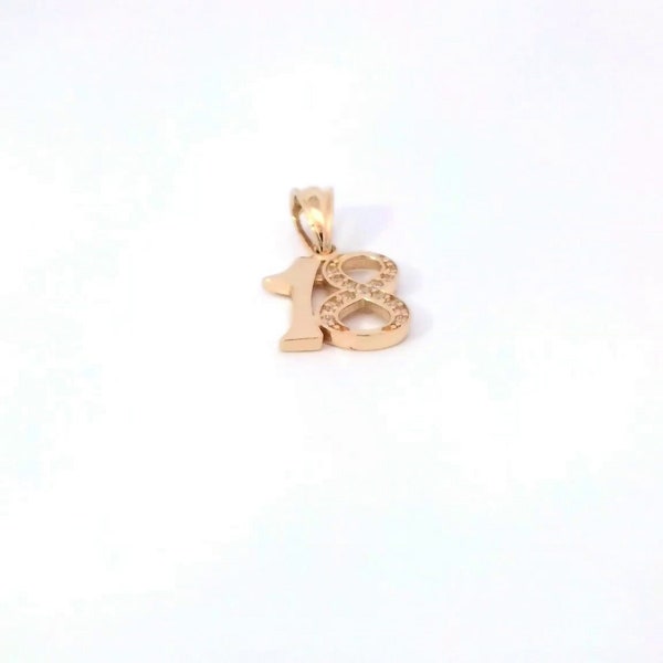 14K YELLOW GOLD 0.65" Small Number 18 Eighteen CZ Charm Pendant.