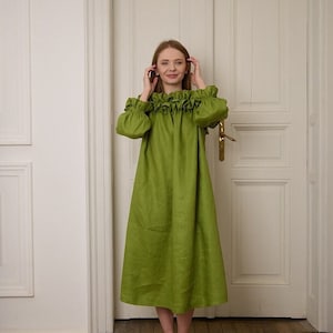 Long Linen Dress, Off shoulder dress, Linen Caftan Dress, Plus Size Linen Clothing, Emerald Green Linen Dress, Summer Maxi Dress image 2