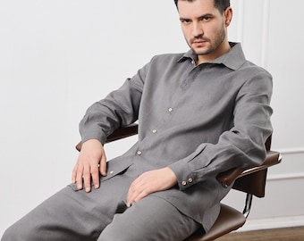 Mens linen clothing, mens costumes, mens linen pajamas, mens linen pants, linen shirt, gift for him, lounge wear men