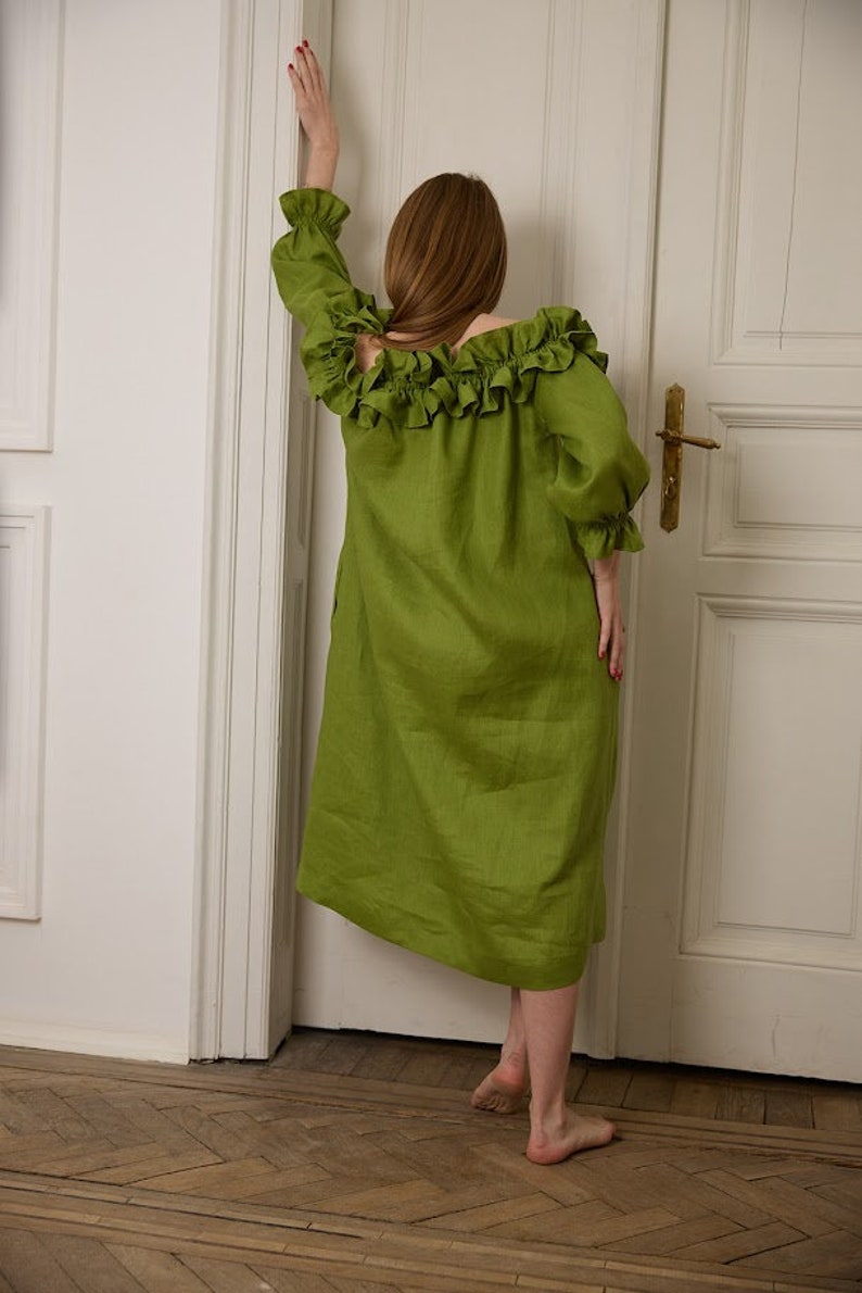 Long Linen Dress, Off shoulder dress, Linen Caftan Dress, Plus Size Linen Clothing, Emerald Green Linen Dress, Summer Maxi Dress image 4