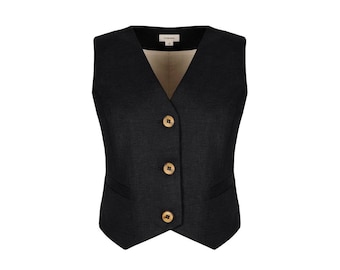 Linen vest woman, linen black vest top, linen tank top, linen formal vest