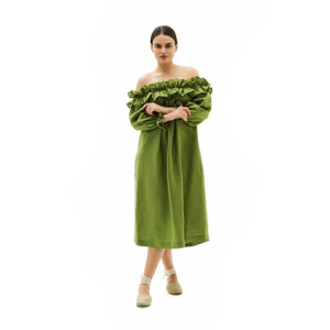Long Linen Dress, Off shoulder dress, Linen Caftan Dress, Plus Size Linen Clothing,  Emerald Green Linen Dress, Summer Maxi Dress