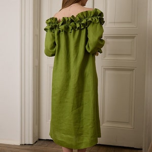 Long Linen Dress, Off shoulder dress, Linen Caftan Dress, Plus Size Linen Clothing, Emerald Green Linen Dress, Summer Maxi Dress image 6