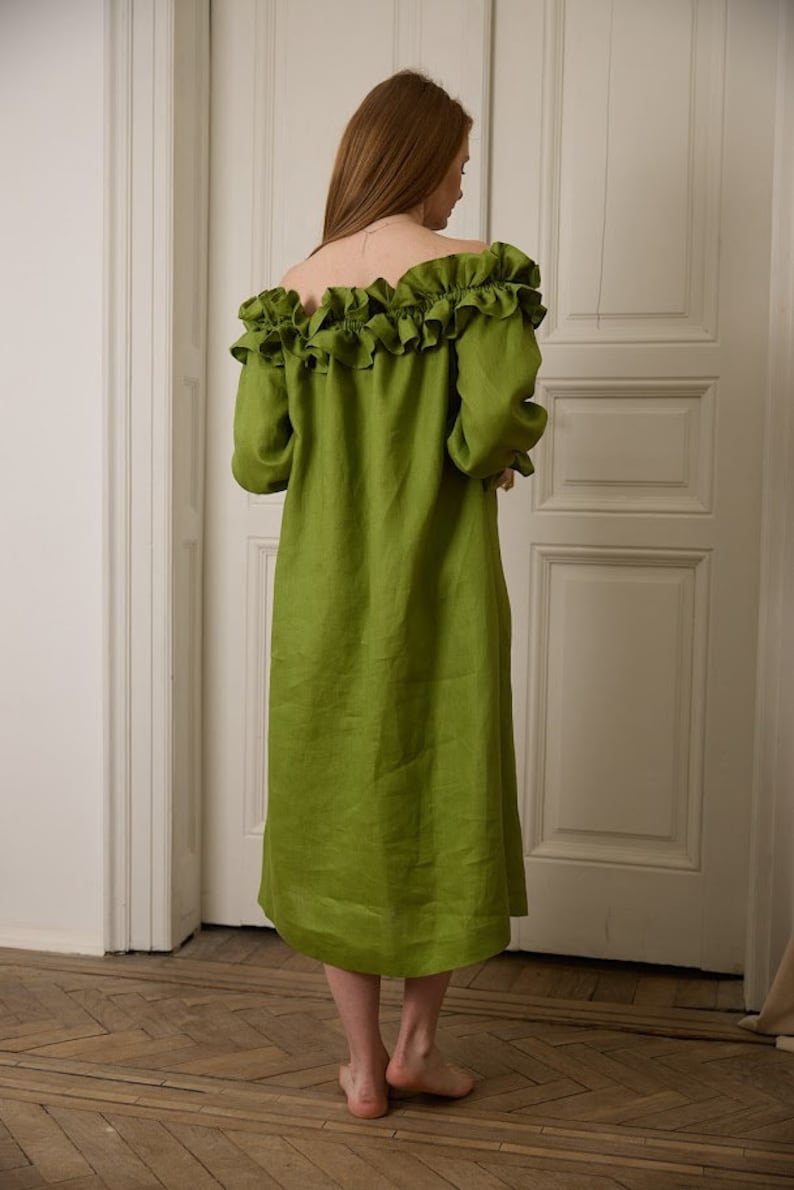 Long Linen Dress, Off shoulder dress, Linen Caftan Dress, Plus Size Linen Clothing, Emerald Green Linen Dress, Summer Maxi Dress image 6