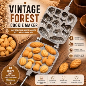 May include: A silver cast aluminium cookie maker with multiple forest-themed moulds including mushrooms, acorns, and pinecones. The open device displays baked golden-brown cookies in matching shapes, with text reading VINTAGE FOREST COOKIE MAKER.