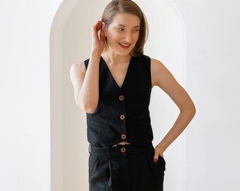 Linen vest woman, linen black vest top, linen tank top, linen formal vest