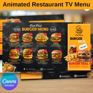 Animierte digitale Download Tv-Restaurant-Menü-Vorlage, Catering-Menü, Restaurant-Menü-Bildschirm, bearbeitbares Menü Board, Canva-Vorlage