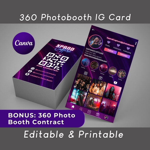 360 Photobooth Instagram Business Card 2024, IG Card, DIY Canva Business Card Template Design, QR code Business Card, Influencer Cards
