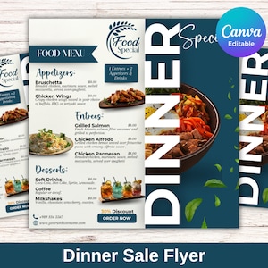 Edytowalny szablon ulotki Canva Ulotka wyprzedaży kolacji, niedzielna specjalna ulotka Ulotka biznesowa z menu restauracji Specjalna kolacja Szablon Canva