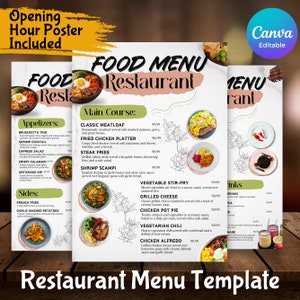 Plantilla de menú de restaurante, menú de eventos, lista de precios de menú editable, folleto de restaurante, menú de comida y bebida, publicación en redes sociales para folleto de restaurante