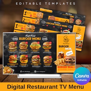 Plantilla de menú de restaurante de descarga digital, Menú de catering, Pantalla de visualización de menú de restaurante, Tablero de menú de TV, Plantilla de Canva, Descarga instantánea