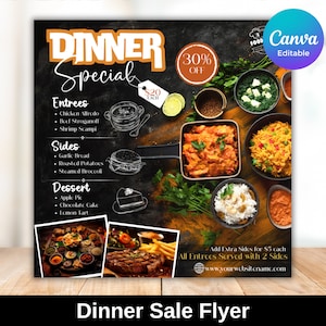 Edytowalny szablon ulotki Canva Ulotka wyprzedaży kolacji, niedzielna specjalna ulotka Ulotka biznesowa z menu restauracji Specjalna kolacja Szablon Canva