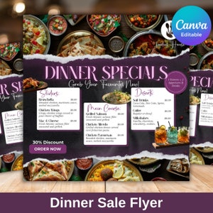 Edytowalny szablon ulotki Canva Ulotka wyprzedaży kolacji, niedzielna specjalna ulotka Ulotka biznesowa z menu restauracji Specjalna kolacja Szablon Canva