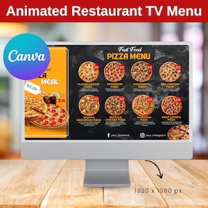 Animierte digitale Download Tv-Restaurant-Menü-Vorlage, Catering-Menü, Restaurant-Menü-Bildschirm, bearbeitbares Menü Board, Canva-Vorlage