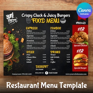 Plantilla de menú de restaurante, menú de eventos, lista de precios de menú editable, folleto de restaurante, menú de comida y bebida, publicación en redes sociales para folleto de restaurante