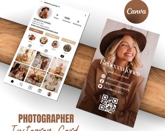 Carte de visite Instagram 2024 du photographe, photographe de cartes de visite Canva DIY, carte de visite avec code QR, cartes d'influence, modèle IG Canva
