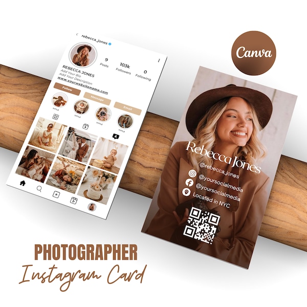 Photographer Instagram Business Card 2024, DIY Canva Business Card Photographer, QR code Business Card, Influencer Cards, IG Canva template