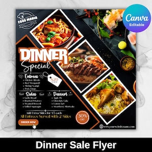 Edytowalny szablon ulotki Canva Ulotka wyprzedaży kolacji, niedzielna specjalna ulotka Ulotka biznesowa z menu restauracji Specjalna kolacja Szablon Canva