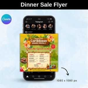 Edytowalny szablon ulotki z jedzeniem karaibskim Canva, ulotka inspirowana Jamajką, ulotka z wyprzedażą kolacji, ulotka z menu jedzenia, ulotka z cateringiem, specjalna ulotka kolacji