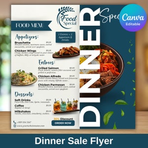 Edytowalny szablon ulotki Canva Ulotka wyprzedaży kolacji, niedzielna specjalna ulotka Ulotka biznesowa z menu restauracji Specjalna kolacja Szablon Canva