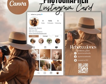 Carte de visite Instagram 2024 du photographe, photographe de cartes de visite Canva DIY, carte de visite avec code QR, cartes d'influence, modèle IG Canva