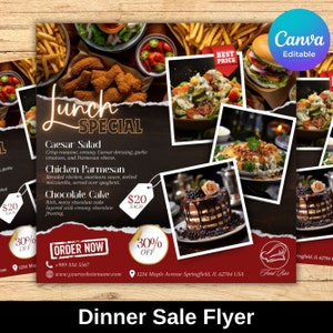 Edytowalny szablon ulotki Canva Ulotka wyprzedaży lunchowej, niedzielna oferta specjalna Ulotka biznesowa z menu restauracji Specjalna kolacja Menu restauracji