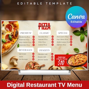 Plantilla de menú de restaurante de TV de descarga digital, menú de catering, pantalla de visualización del menú del restaurante, tablero de menú de TV, plantilla de Canva, descarga instantánea